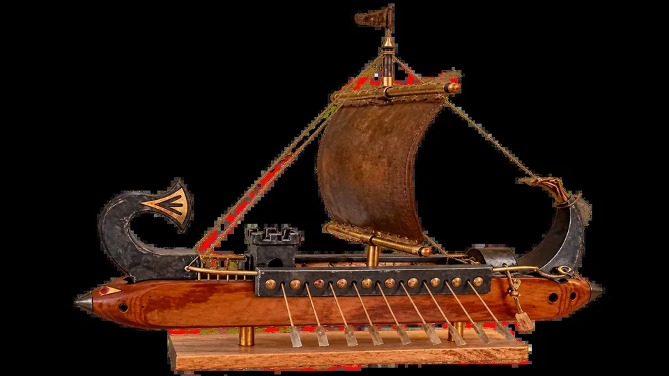 Bateau phénicien sculpté par Bruno Cotton, navette de filage avec voile et rames