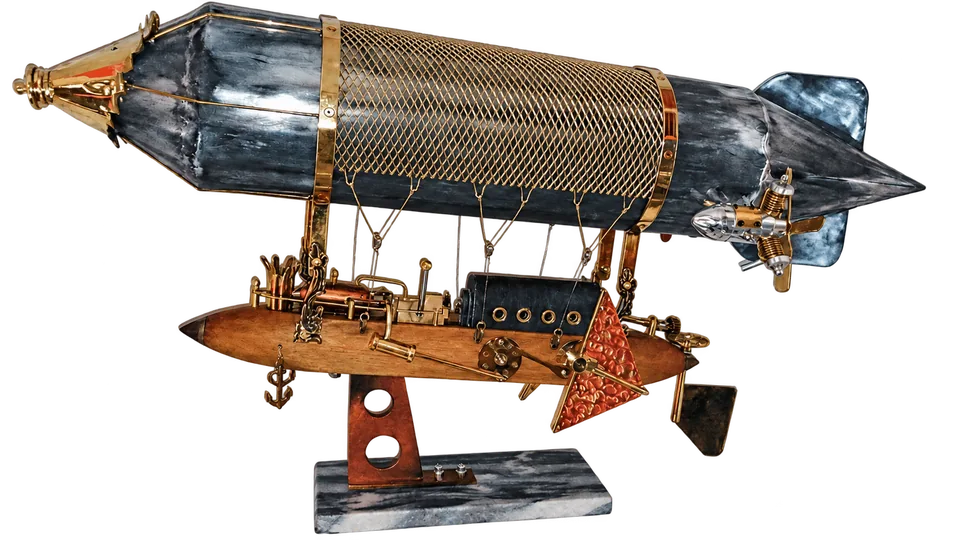 Zeppelin steampunk en métal recyclé, bois, cuivre et laiton
