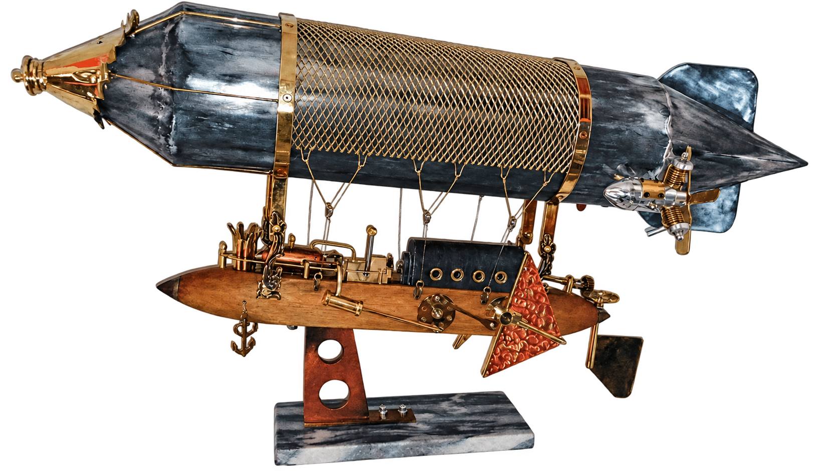Zeppelin steampunk en métal recyclé, bois, cuivre et laiton