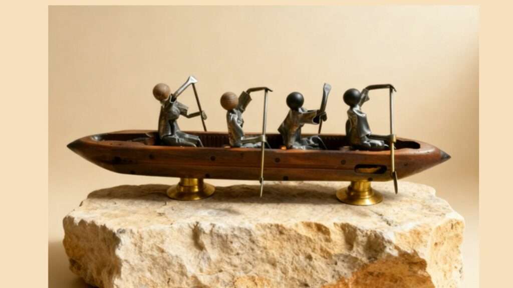 sculpture métal barque quatre rameurs