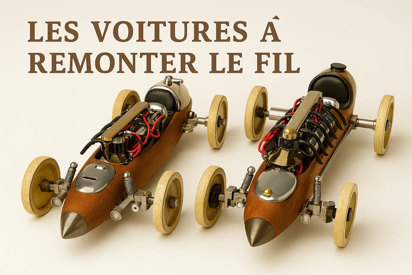 Sculpture voiture en métal recyclé avec carrosserie en navette de filage et moteur apparent