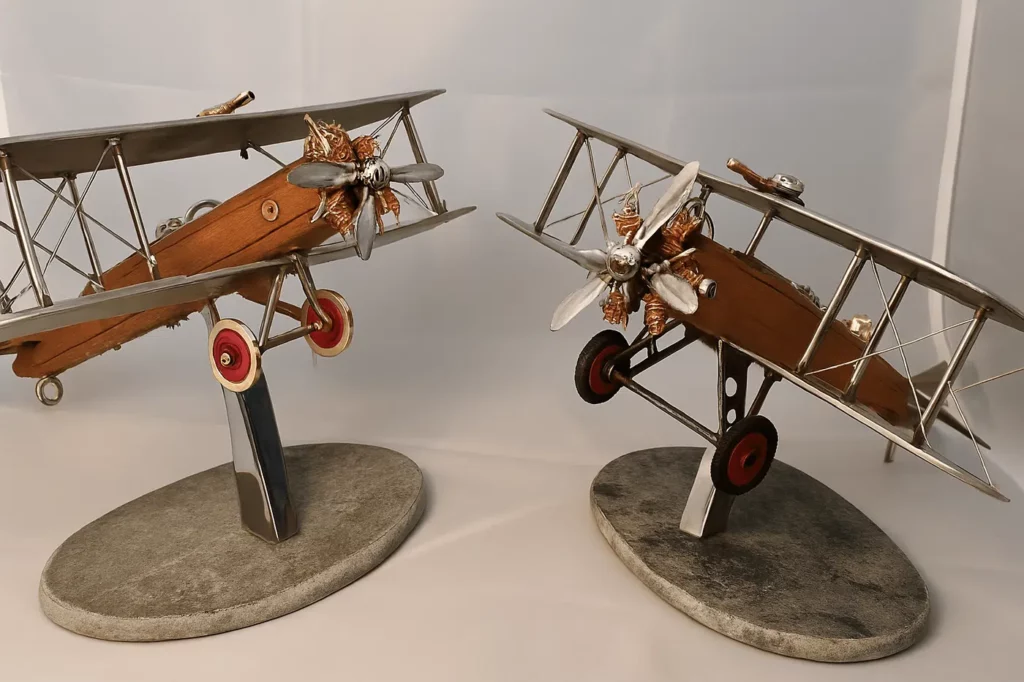 Collection d’avions en métal recyclé réalisés avec des navettes de filage anciennes