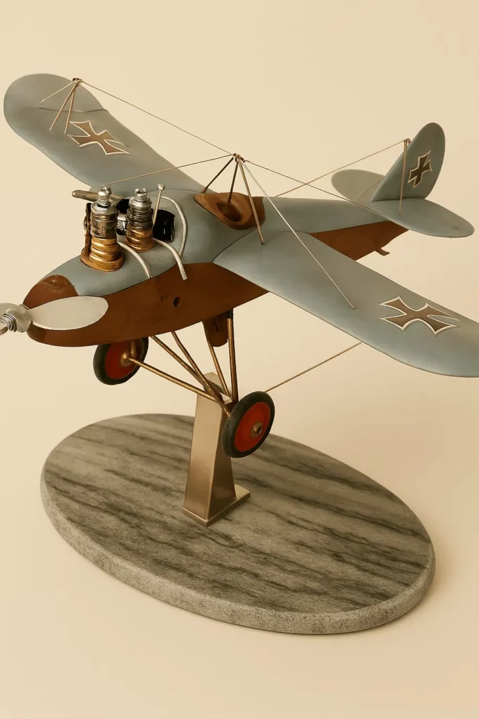 Avion monoplan en métal recyclé avec navette textile et détails mécaniques