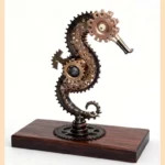 Sculpture hippocampe en métal recyclé réalisée avec couverts anciens et pièces métalliques polies
