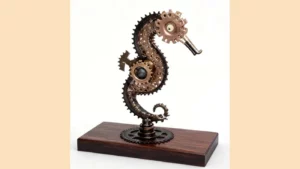 Sculpture hippocampe en métal recyclé réalisée avec couverts anciens et pièces métalliques polies