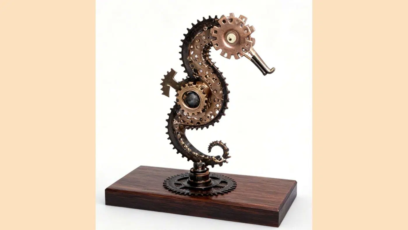 Sculpture hippocampe en métal recyclé réalisée avec couverts anciens et pièces métalliques polies