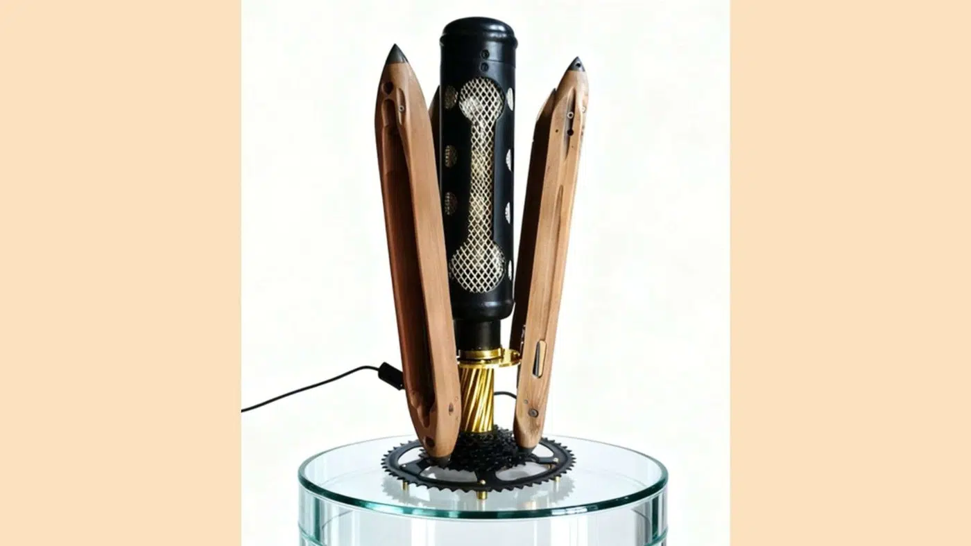 Lampe sculpture en métal recyclé avec navette de filage et éléments mécaniques détournés