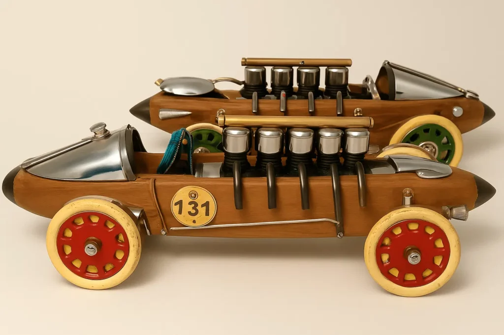 Sculpture voiture en métal recyclé avec carrosserie en navette de filage et moteur apparent