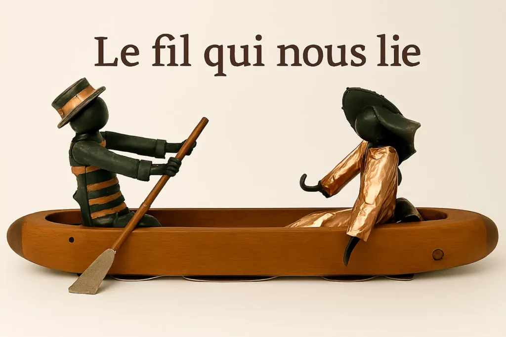Barque romantique en métal recyclé avec personnages en cuivre et laiton