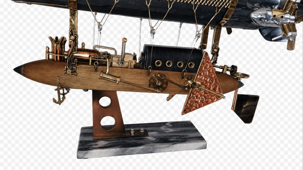 Sculpture artisanale d’un zeppelin steampunk en bois, cuivre et laiton, ornée d’engrenages et posée sur un socle en marbre.