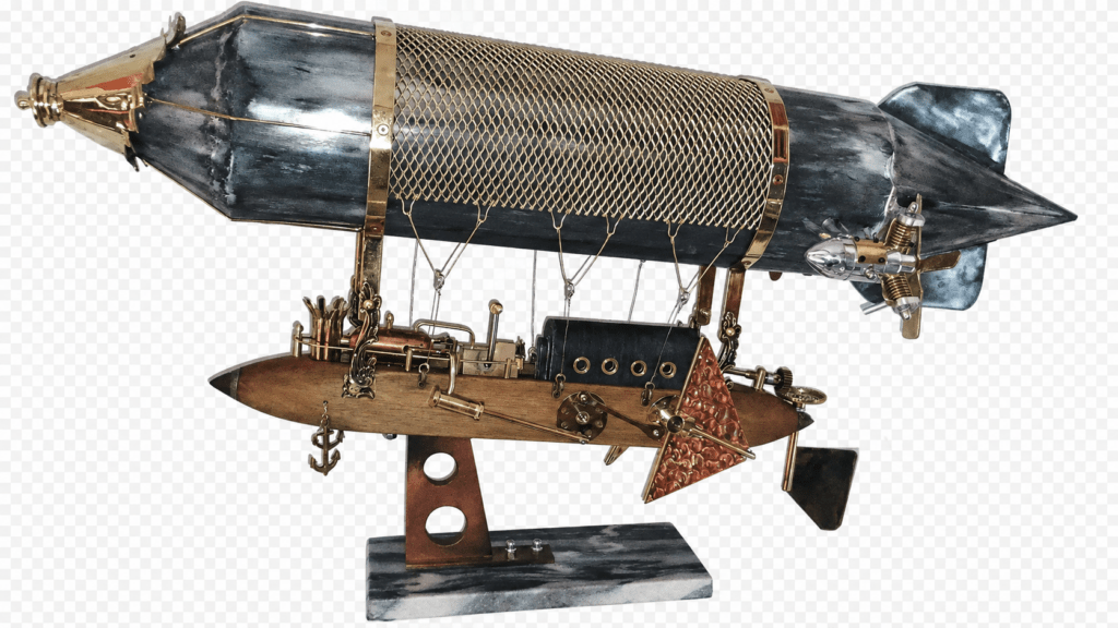 Sculpture artisanale d’un zeppelin steampunk en bois, cuivre et laiton, ornée d’engrenages et posée sur un socle en marbre.