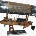 Sculpture artisanale d’un zeppelin steampunk en bois, cuivre et laiton, ornée d’engrenages et posée sur un socle en marbre.