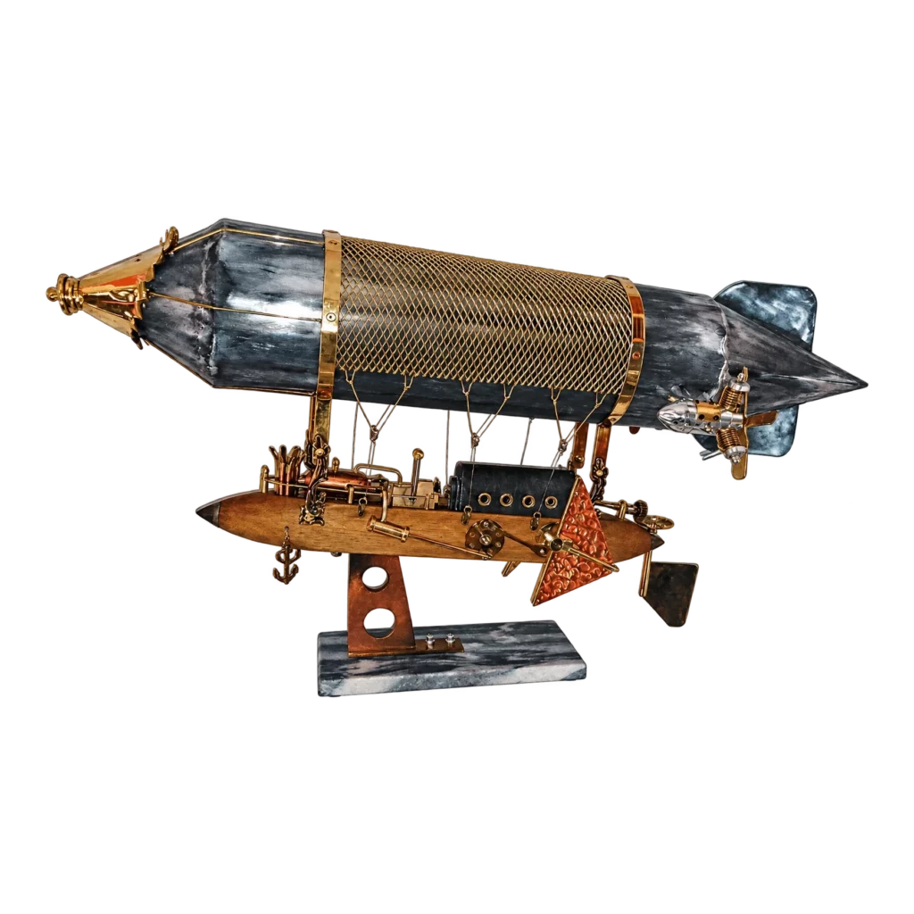 Sculpture de zeppelin steampunk en métal avec détails mécaniques, réalisée par Bruno Cotton.