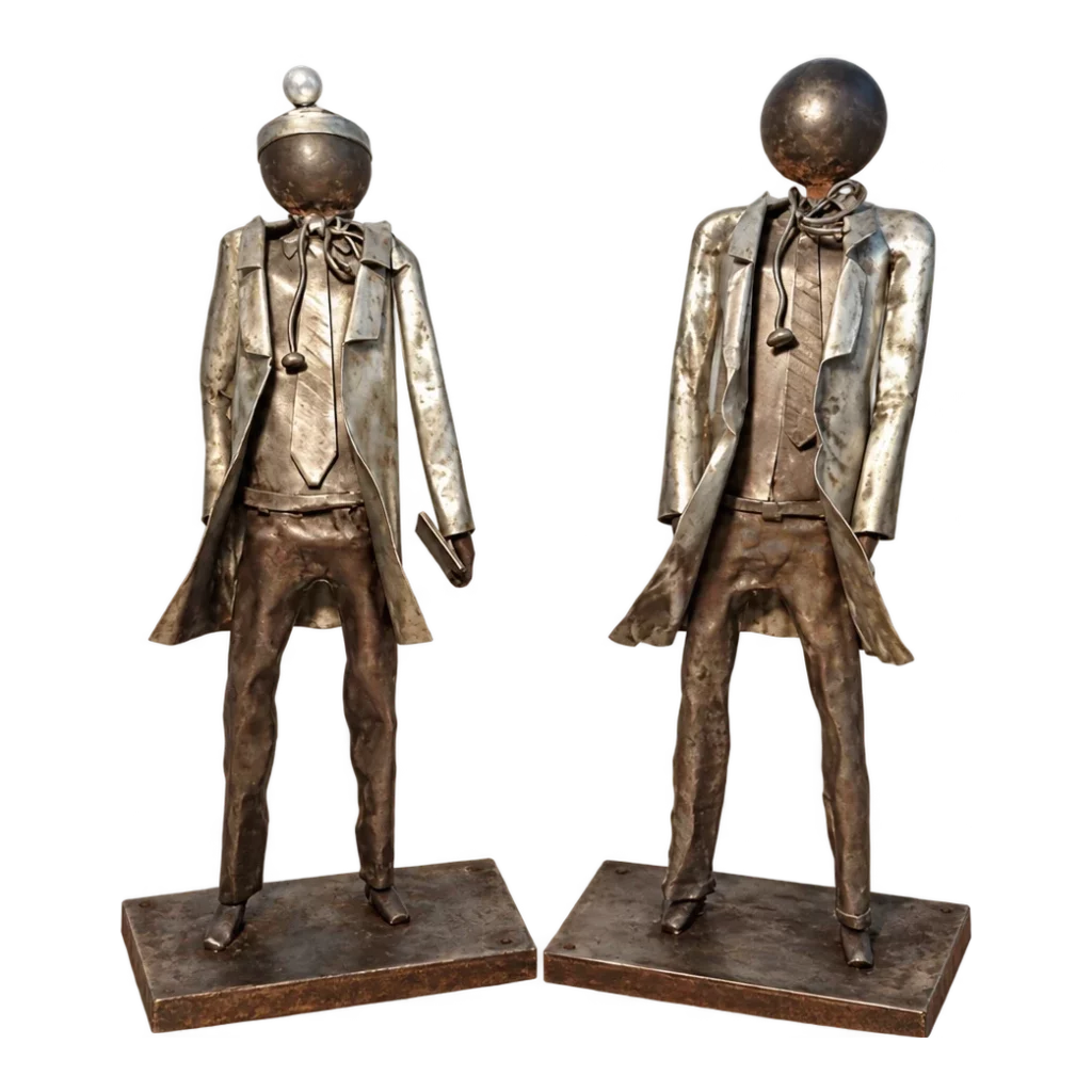 Deux personnages en métal représentant des médecins, sculpture de Bruno Cotton.