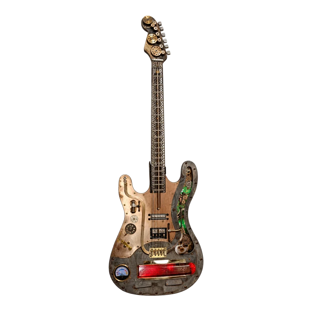 Guitare électrique de type Stratocaster sculptée en métal par Bruno Cotton.