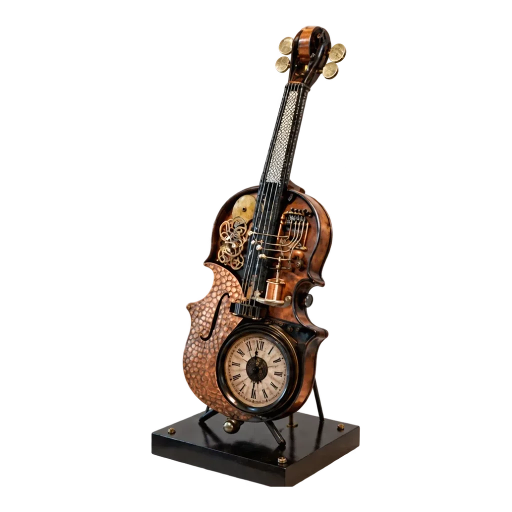 Violon steampunk sculpté en métal avec mécanismes apparents, œuvre de Bruno Cotton.