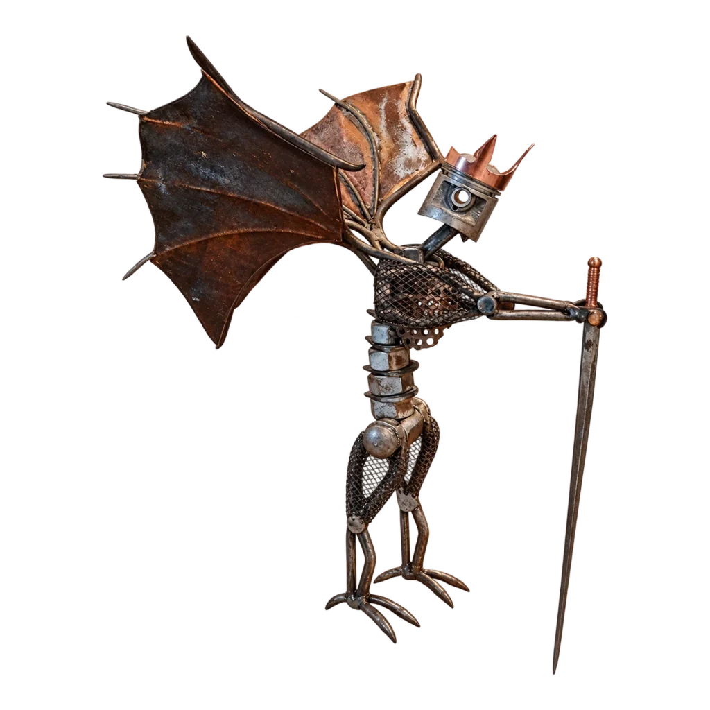 Sculpture d’un chevalier dragon avec de grandes ailes, réalisée par Bruno Cotton.