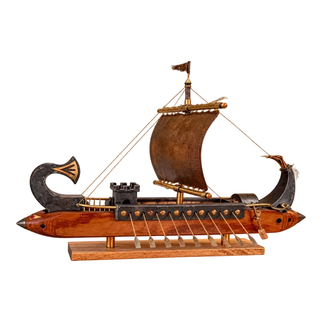 Bateau phénicien sculpté avec une voile et des rameurs, œuvre de Bruno Cotton.