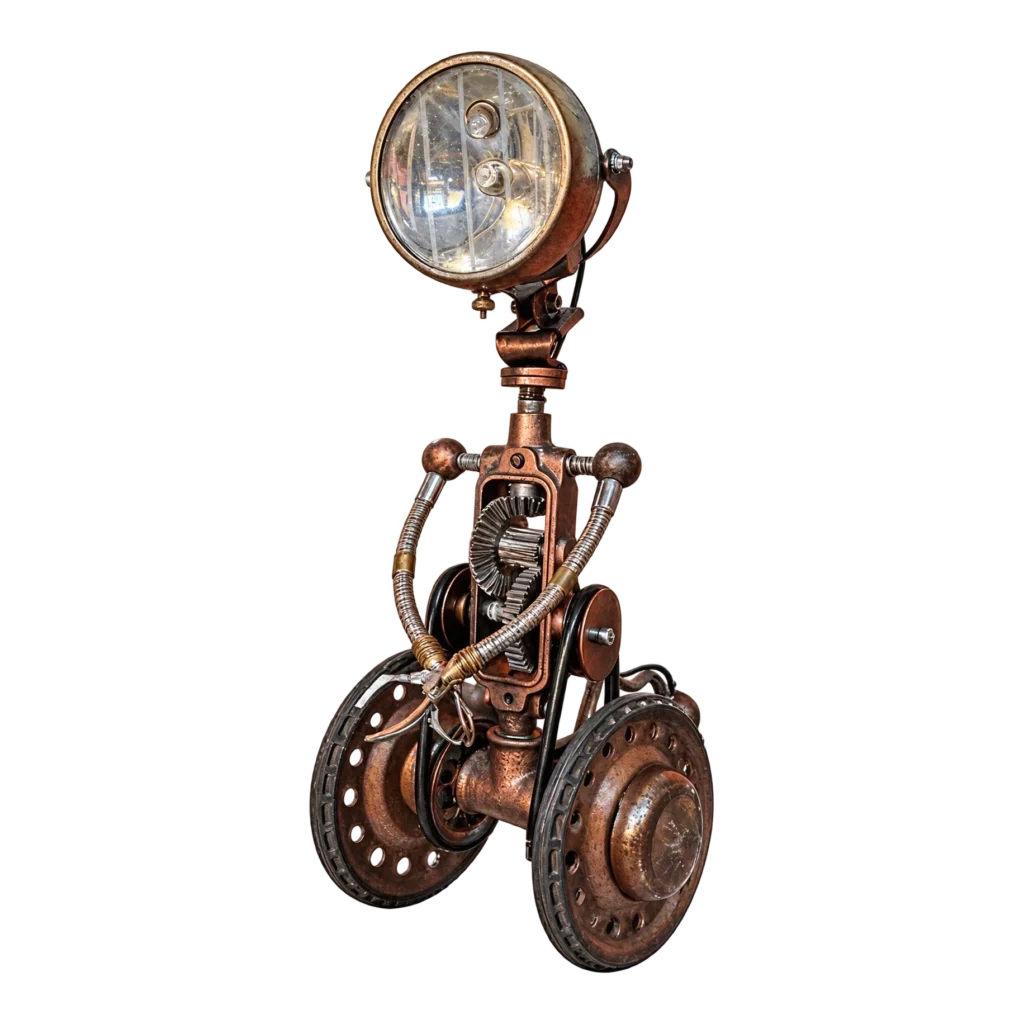 Sculpture mécanique sur roues avec un phare, œuvre de Bruno Cotton.