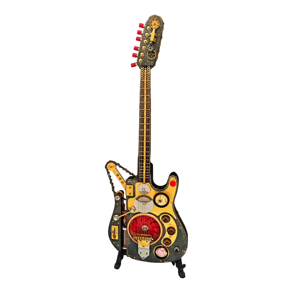 Guitare sculpturale colorée en métal, réalisée par Bruno Cotton.