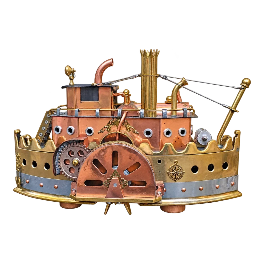 Bateau steampunk en cuivre et métal, sculpture de Bruno Cotton.