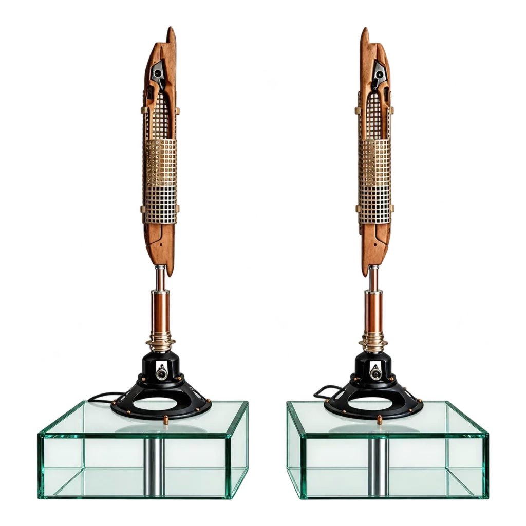 Deux lampes sculpturales réalisées à partir de navettes, œuvres de Bruno Cotton.